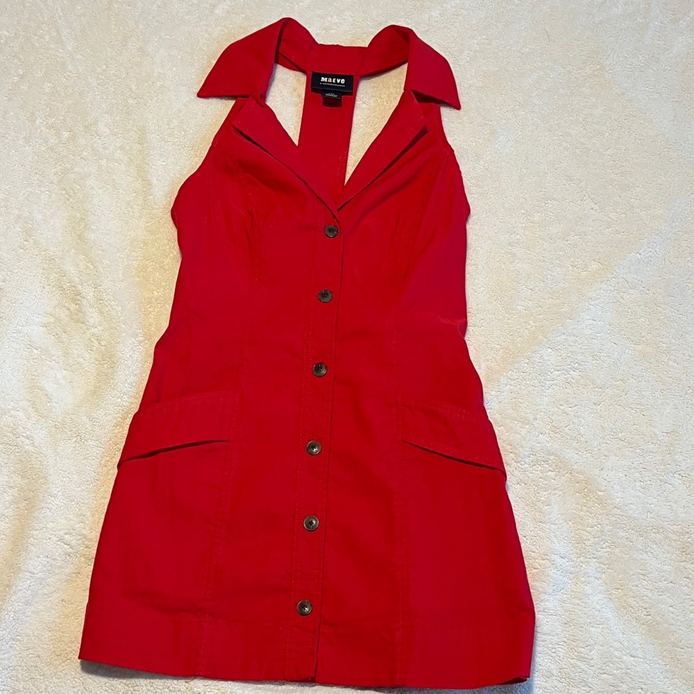 Anthropologie Maeve Scarlet Red Button-Front Mini Dress Collar Halter Pockets XS